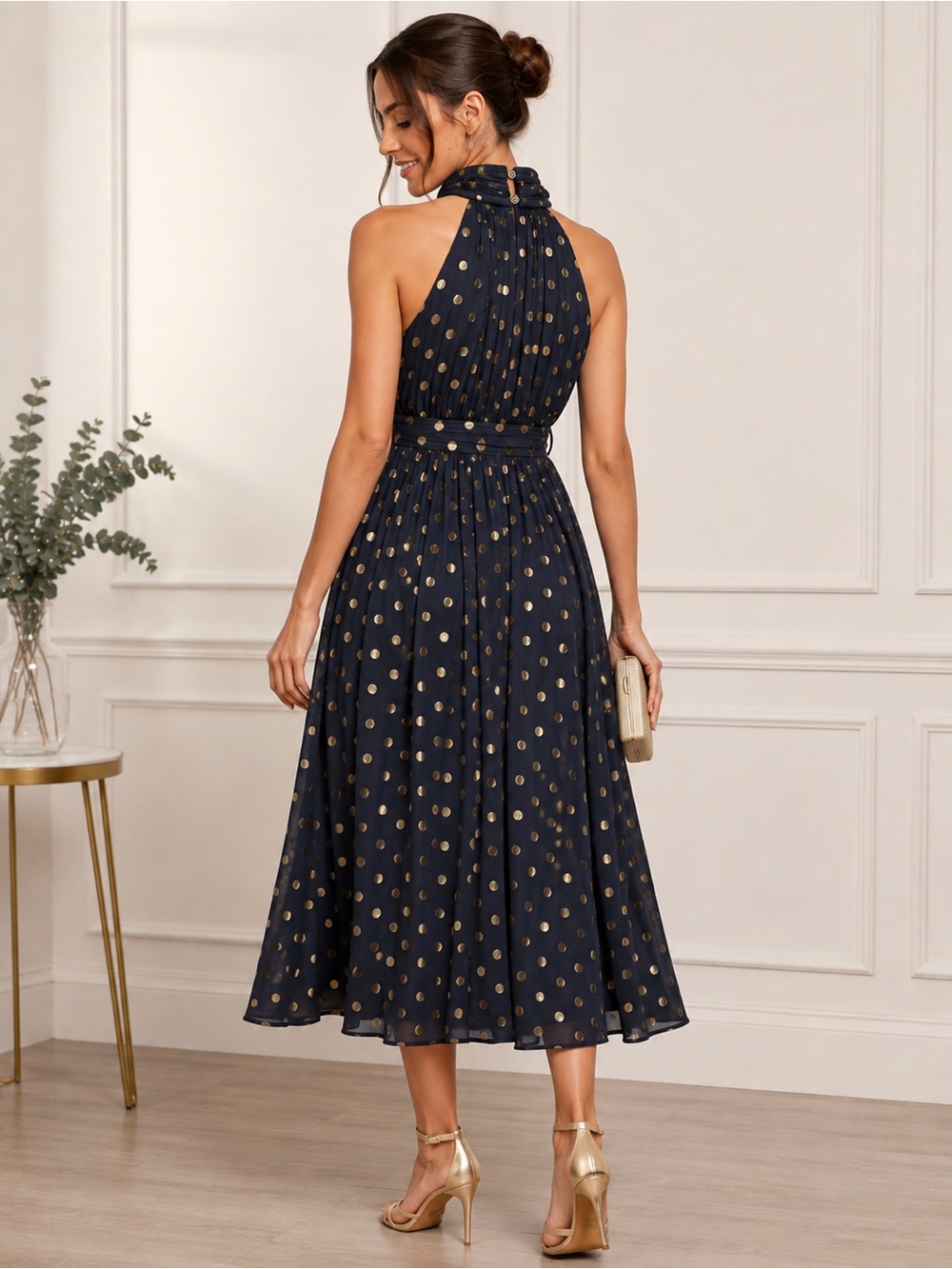 Tommy Hilfiger Navy Gold Metallic Polka Dot Halter Maxi Dress Size 10 - Picture 2 of 12